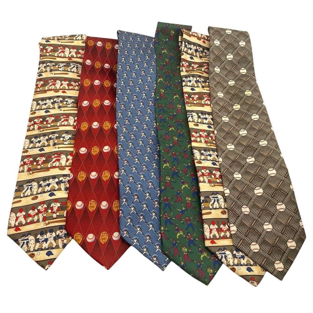 Men's Baseball Themed Ties Lot Bulk  (6) Mostly Vintage